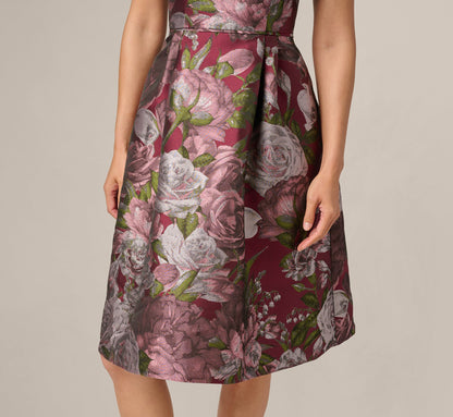 Rose Garden Metallic Jacquard Fit And Flare Dress - Burgundy Multi | Adrianna Papell