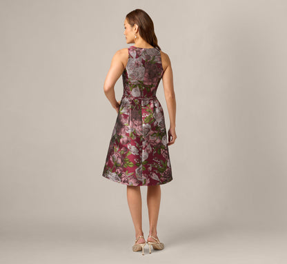 Rose Garden Metallic Jacquard Fit And Flare Dress - Burgundy Multi | Adrianna Papell