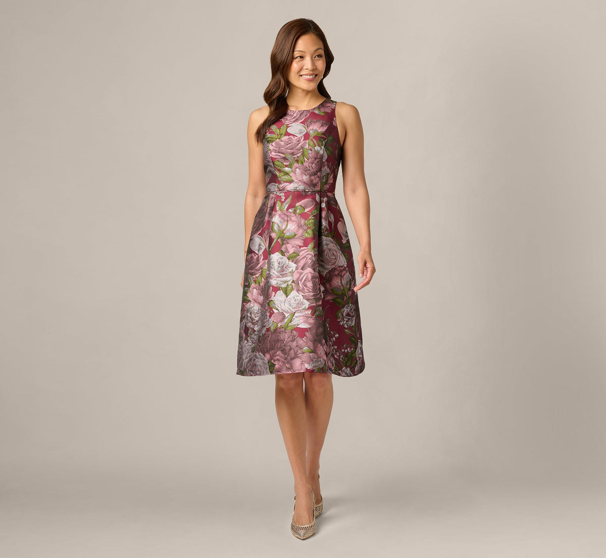 Rose Garden Metallic Jacquard Fit And Flare Dress - Burgundy Multi | Adrianna Papell