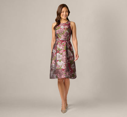 Rose Garden Metallic Jacquard Fit And Flare Dress - Burgundy Multi | Adrianna Papell