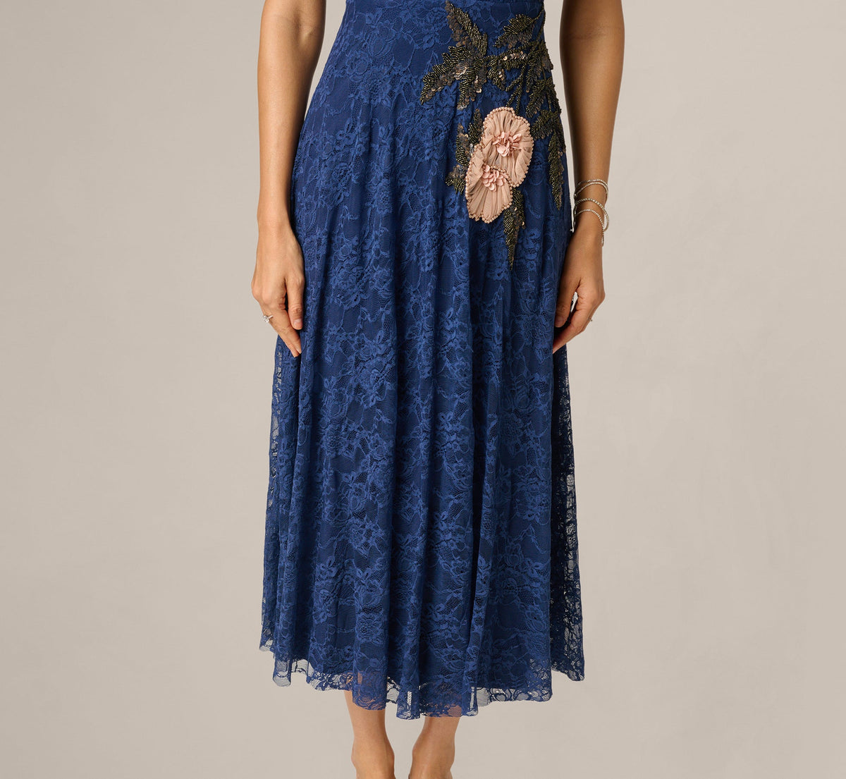 Off Shoulder Beaded Floral Lace Midi Dress - Navy Blush | Adrianna Papell