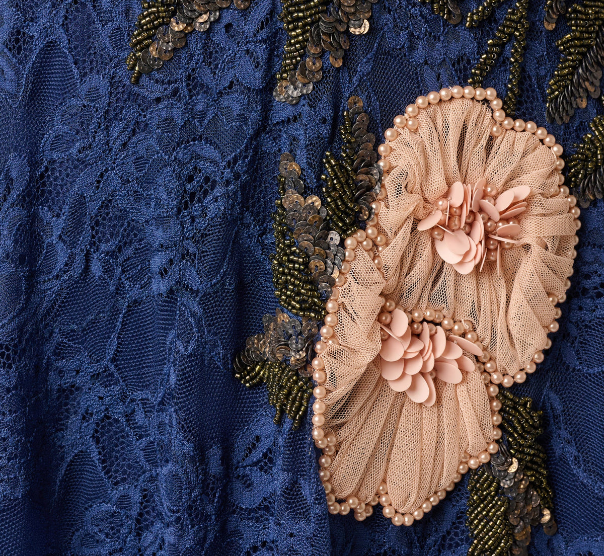 Off Shoulder Beaded Floral Lace Midi Dress - Navy Blush | Adrianna Papell