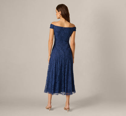 Off Shoulder Beaded Floral Lace Midi Dress - Navy Blush | Adrianna Papell