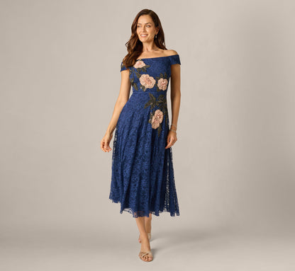 Off Shoulder Beaded Floral Lace Midi Dress - Navy Blush | Adrianna Papell