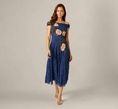Off Shoulder Beaded Floral Lace Midi Dress - Navy Blush | Adrianna Papell