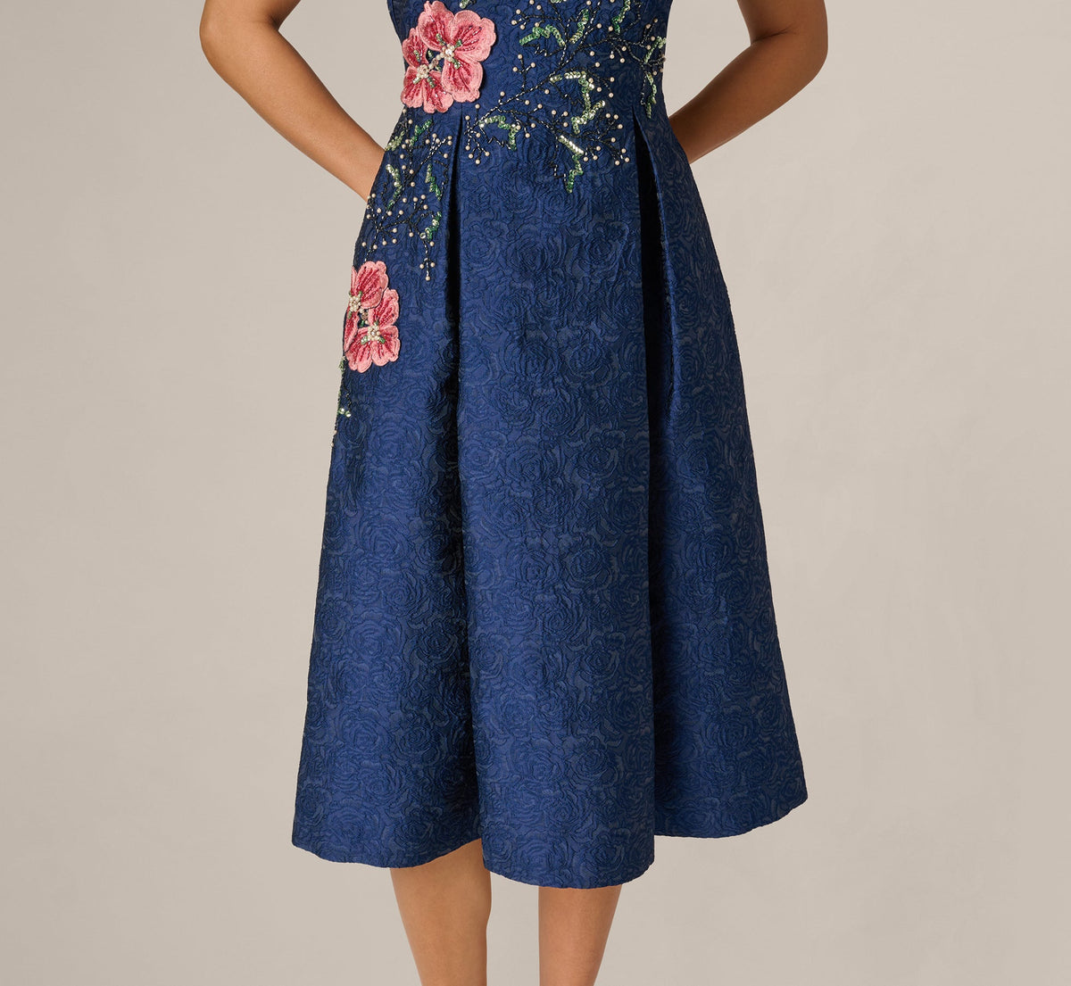 Jacquard Floral Beaded Fit And Flare Midi Dress - Midnight Multi | Adrianna Papell
