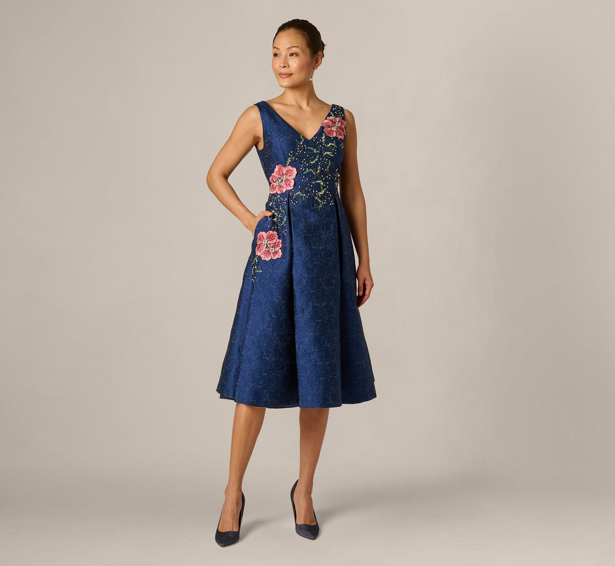 Jacquard Floral Beaded Fit And Flare Midi Dress - Midnight Multi | Adrianna Papell