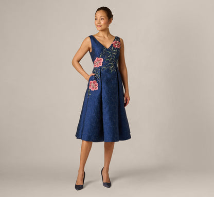 Jacquard Floral Beaded Fit And Flare Midi Dress - Midnight Multi | Adrianna Papell