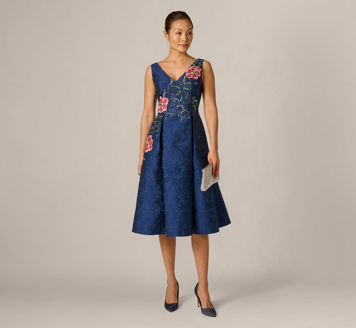 Jacquard Floral Beaded Fit And Flare Midi Dress - Midnight Multi | Adrianna Papell
