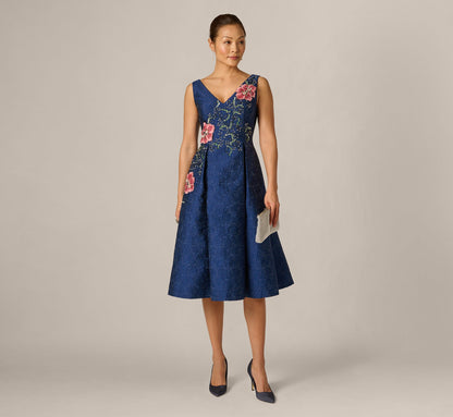 Jacquard Floral Beaded Fit And Flare Midi Dress - Midnight Multi | Adrianna Papell