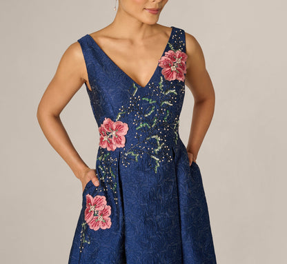 Jacquard Floral Beaded Fit And Flare Midi Dress - Midnight Multi | Adrianna Papell