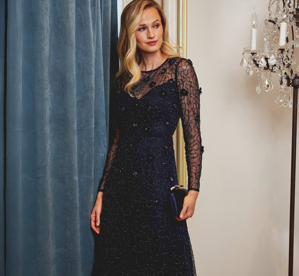 Long Sleeve Illusion Floral Beaded Midi Dress - Midnight | Adrianna Papell