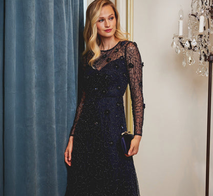 Long Sleeve Illusion Floral Beaded Midi Dress - Midnight | Adrianna Papell