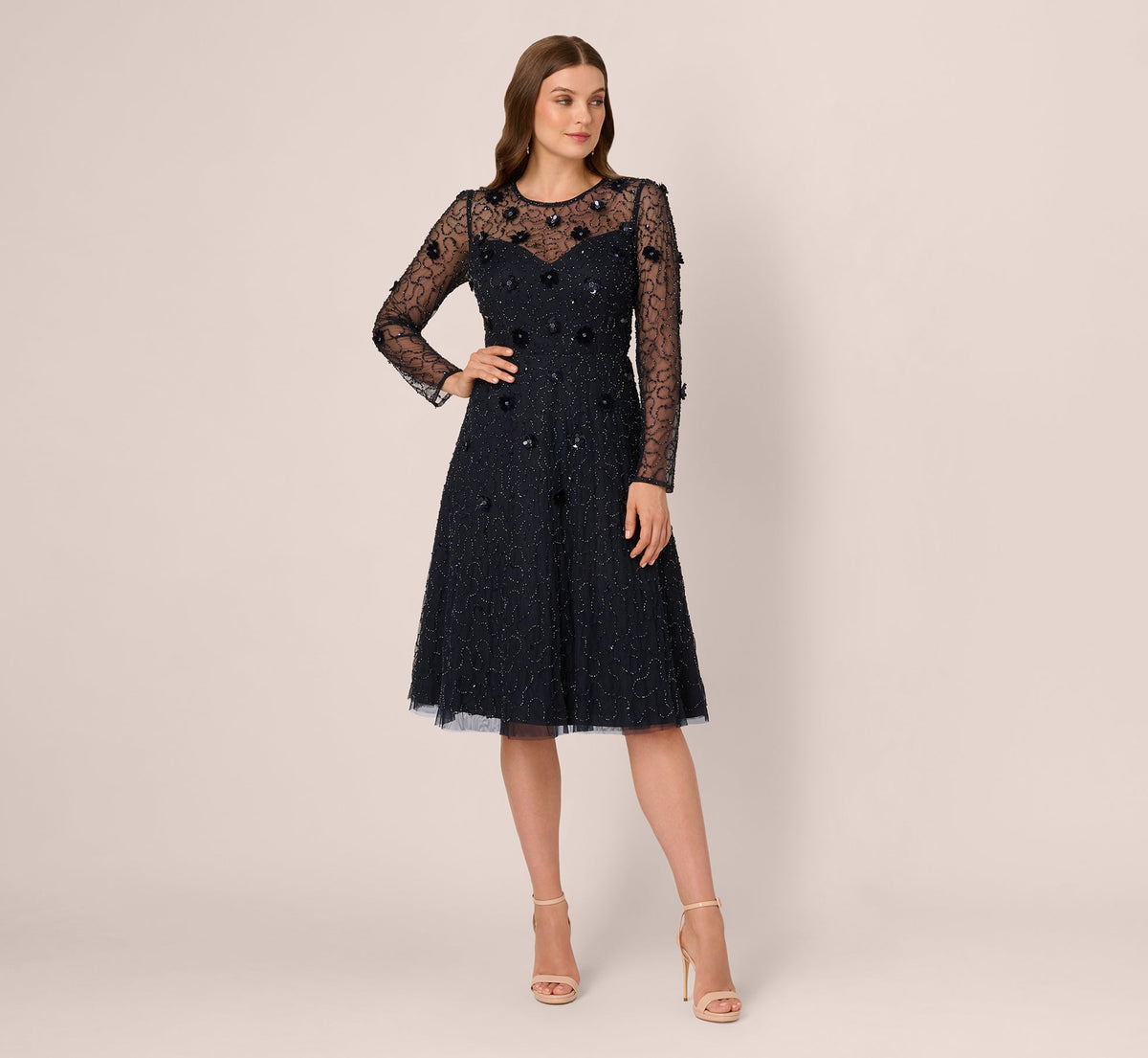 Long Sleeve Illusion Floral Beaded Midi Dress - Midnight | Adrianna Papell