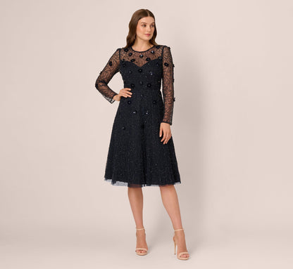 Long Sleeve Illusion Floral Beaded Midi Dress - Midnight | Adrianna Papell