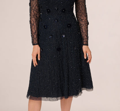 Long Sleeve Illusion Floral Beaded Midi Dress - Midnight | Adrianna Papell