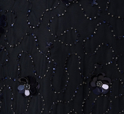 Long Sleeve Illusion Floral Beaded Midi Dress - Midnight | Adrianna Papell