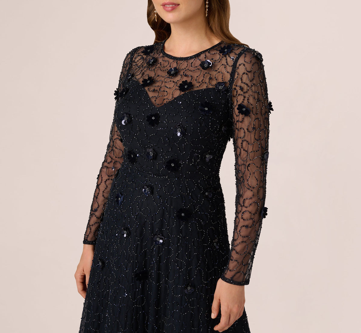 Long Sleeve Illusion Floral Beaded Midi Dress - Midnight | Adrianna Papell