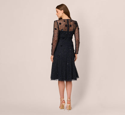 Long Sleeve Illusion Floral Beaded Midi Dress - Midnight | Adrianna Papell