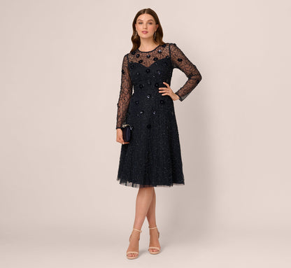 Long Sleeve Illusion Floral Beaded Midi Dress - Midnight | Adrianna Papell