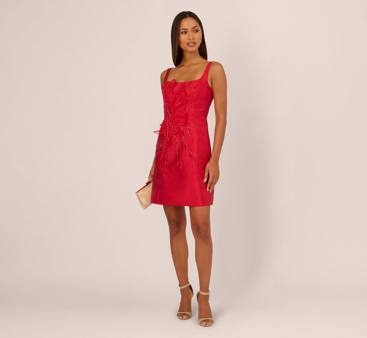 Sleeveless 3D Floral Beaded Cocktail Dress - Red | Adrianna Papell