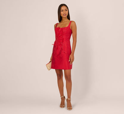 Sleeveless 3D Floral Beaded Cocktail Dress - Red | Adrianna Papell