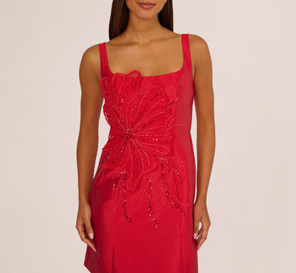 Sleeveless 3D Floral Beaded Cocktail Dress - Red | Adrianna Papell