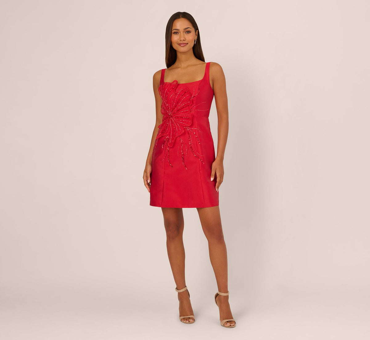 Sleeveless 3D Floral Beaded Cocktail Dress - Red | Adrianna Papell