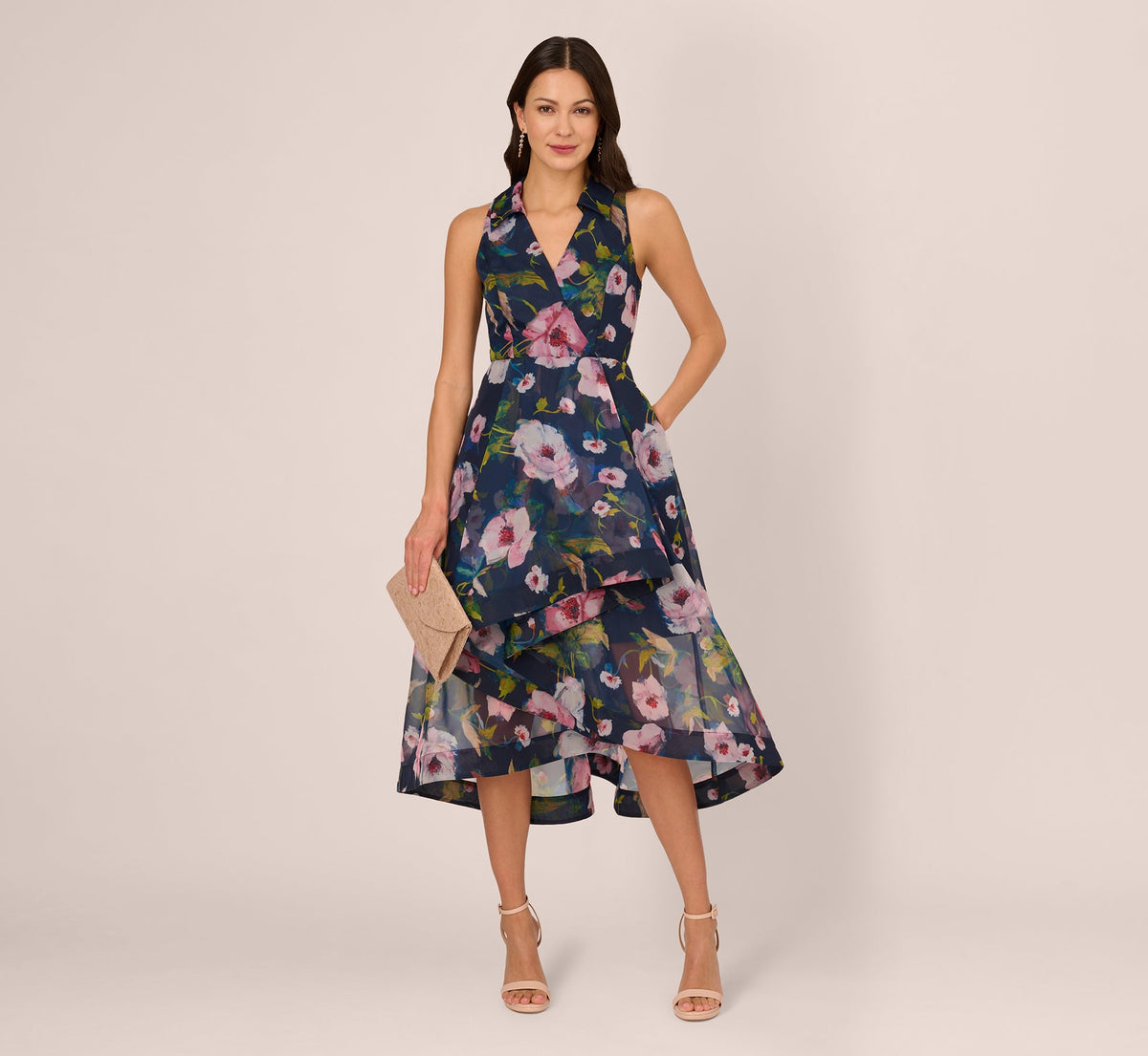 Floral Printed High Low Organza Halter Dress - Navy Multi | Adrianna Papell