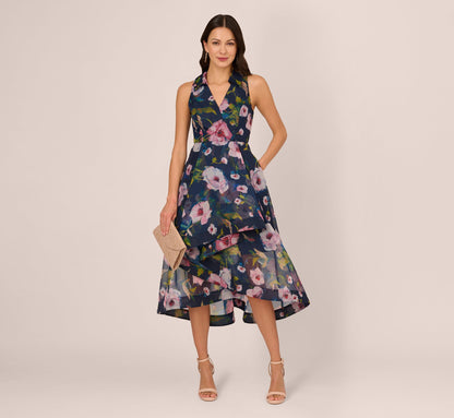 Floral Printed High Low Organza Halter Dress - Navy Multi | Adrianna Papell