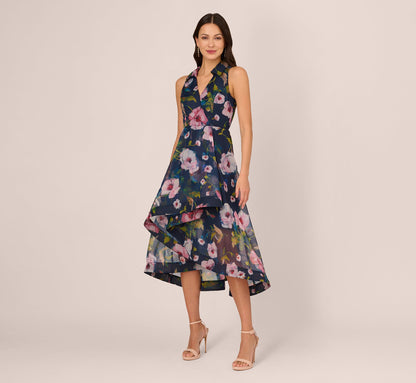 Floral Printed High Low Organza Halter Dress - Navy Multi | Adrianna Papell