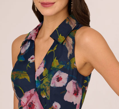 Floral Printed High Low Organza Halter Dress - Navy Multi | Adrianna Papell