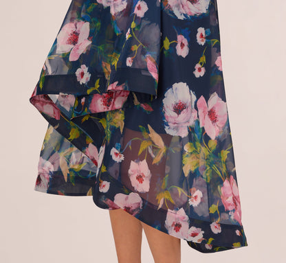 Floral Printed High Low Organza Halter Dress - Navy Multi | Adrianna Papell
