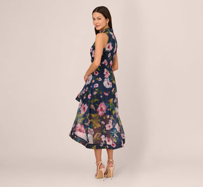 Floral Printed High Low Organza Halter Dress - Navy Multi | Adrianna Papell