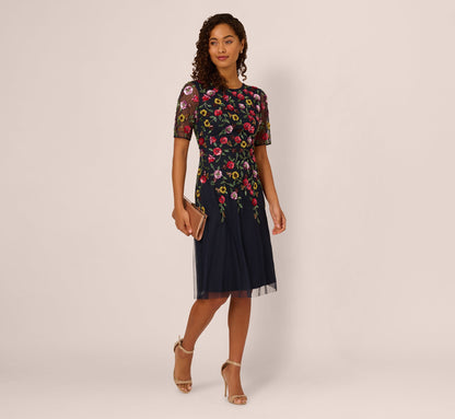 Short Sleeve Floral Beaded Midi Dress - Navy Multi | Adrianna Papell