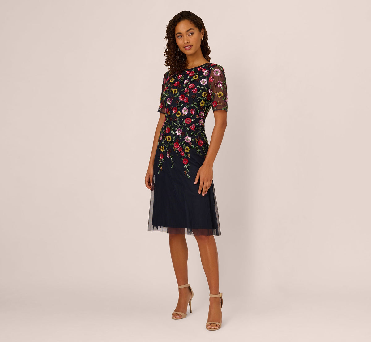 Short Sleeve Floral Beaded Midi Dress - Navy Multi | Adrianna Papell