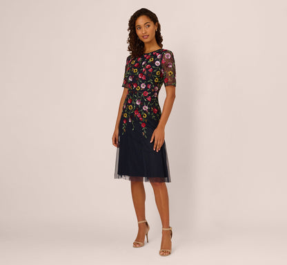Short Sleeve Floral Beaded Midi Dress - Navy Multi | Adrianna Papell