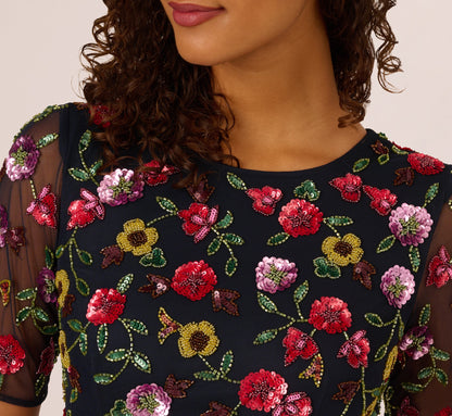 Short Sleeve Floral Beaded Midi Dress - Navy Multi | Adrianna Papell