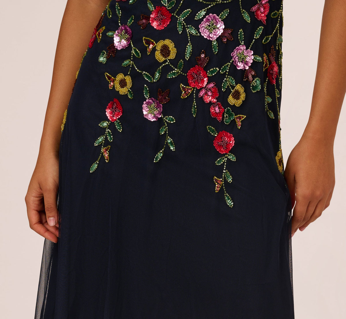 Short Sleeve Floral Beaded Midi Dress - Navy Multi | Adrianna Papell