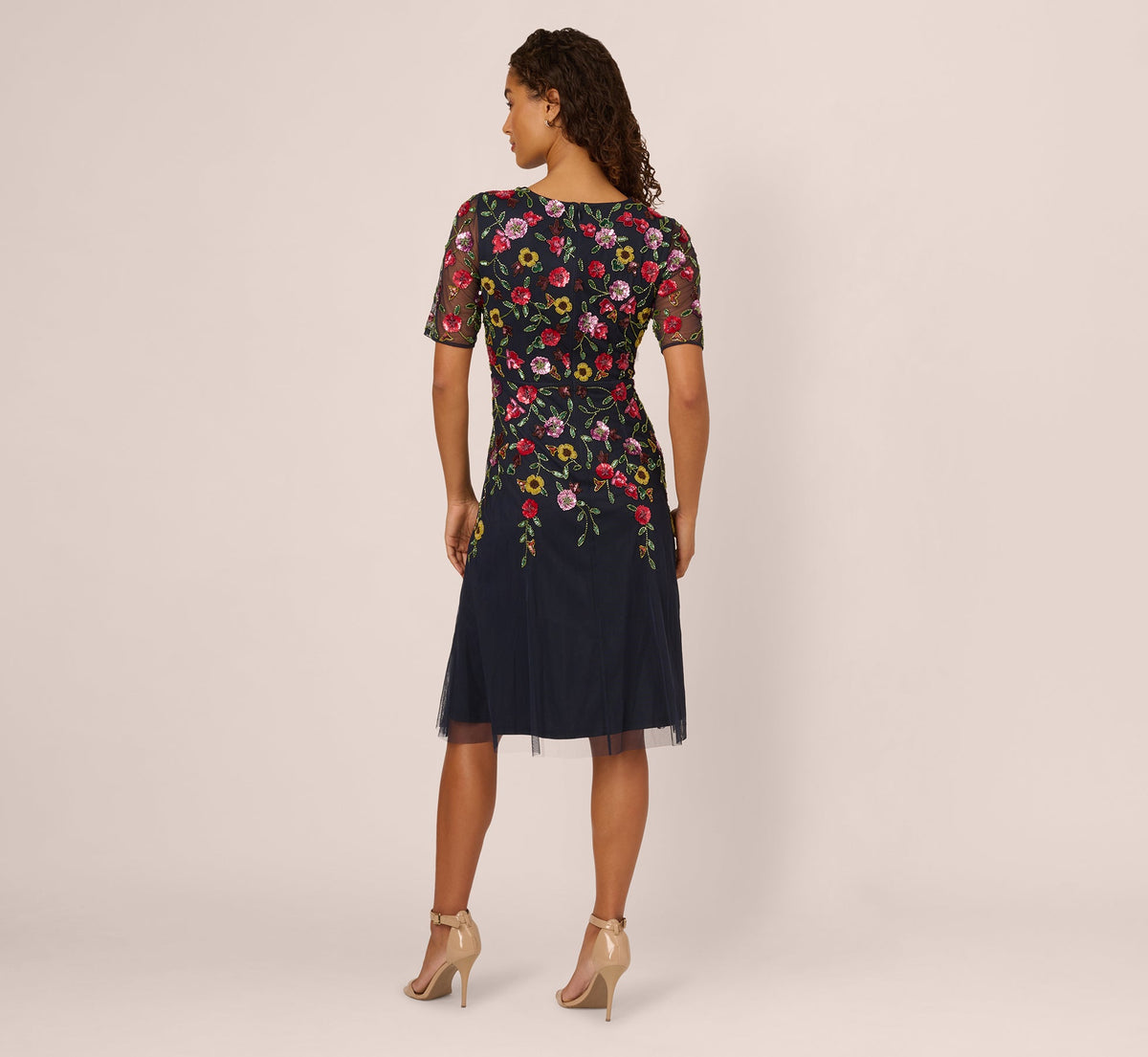 Short Sleeve Floral Beaded Midi Dress - Navy Multi | Adrianna Papell