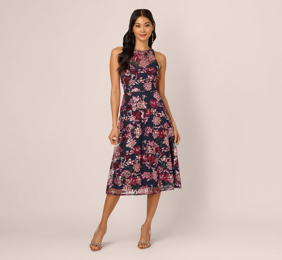 Sleeveless Illusion Sequin Midi Dress - Midnight Multi | Adrianna Papell