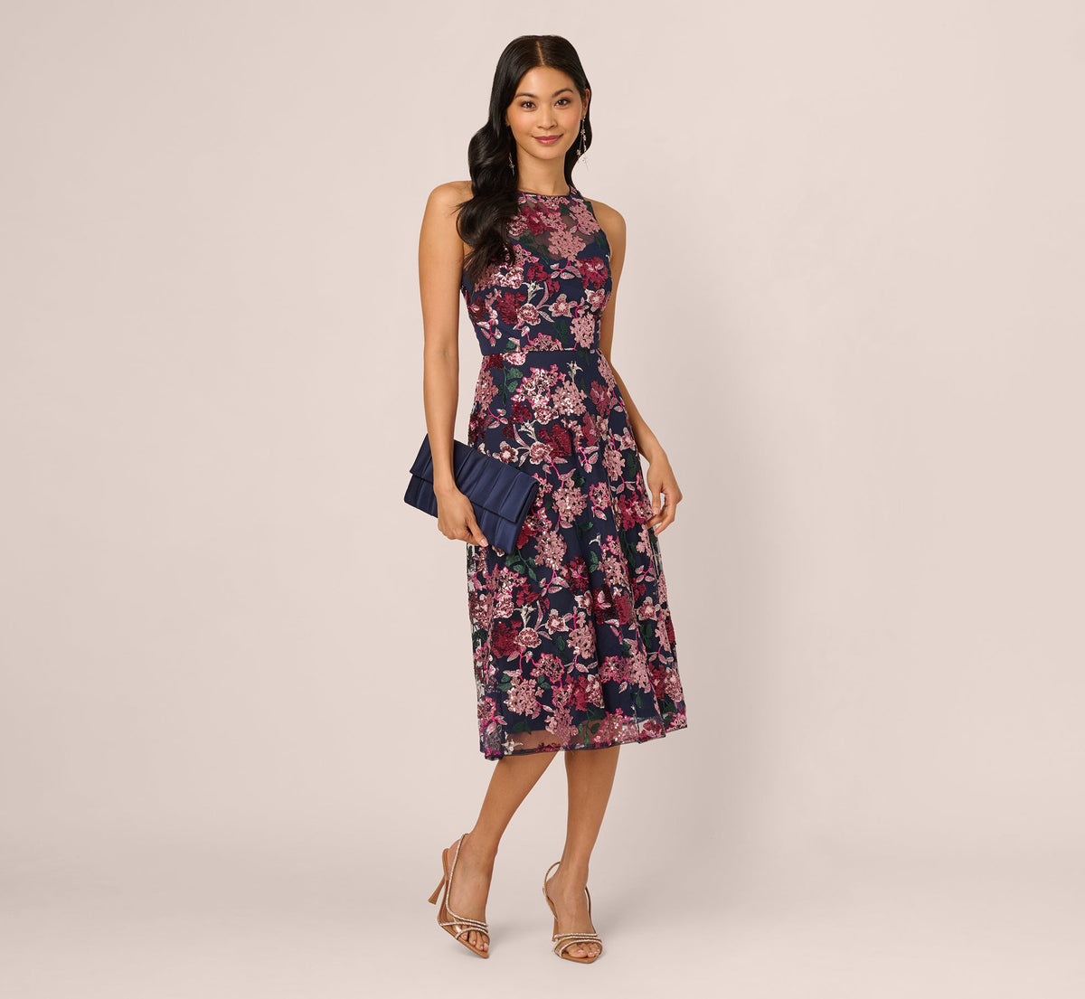 Sleeveless Illusion Sequin Midi Dress - Midnight Multi | Adrianna Papell