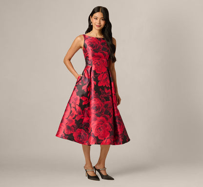 Ikat Rose Print Mikado Fit And Flare Midi Dress - Red Black Multi | Adrianna Papell