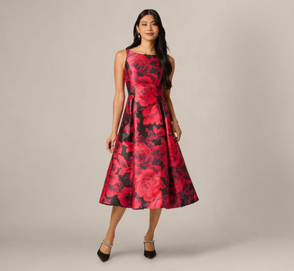 Ikat Rose Print Mikado Fit And Flare Midi Dress - Red Black Multi | Adrianna Papell