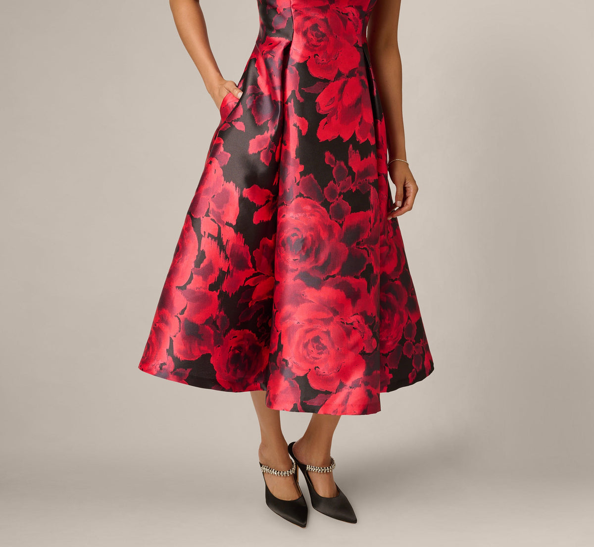 Ikat Rose Print Mikado Fit And Flare Midi Dress - Red Black Multi | Adrianna Papell