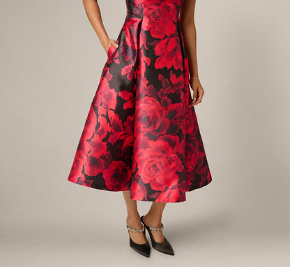 Ikat Rose Print Mikado Fit And Flare Midi Dress - Red Black Multi | Adrianna Papell