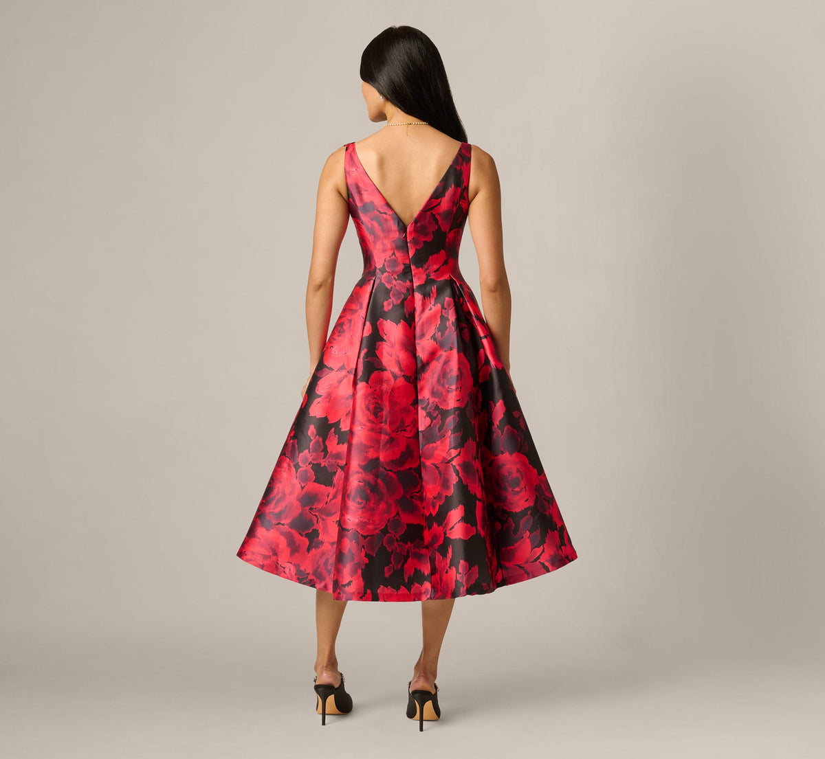 Ikat Rose Print Mikado Fit And Flare Midi Dress - Red Black Multi | Adrianna Papell