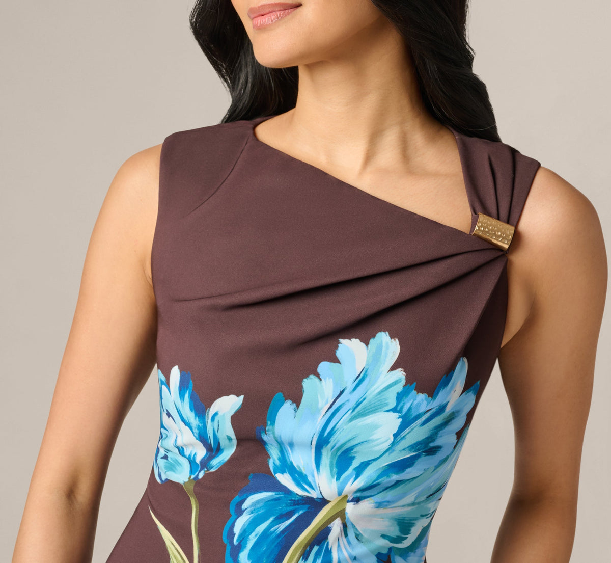 Asymmetrical Floral Printed Stretch Crepe Midi Dress - Brown Multi | Adrianna Papell