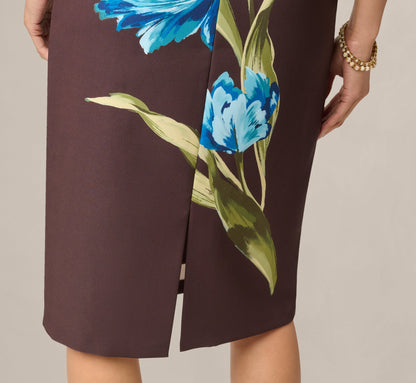 Asymmetrical Floral Printed Stretch Crepe Midi Dress - Brown Multi | Adrianna Papell