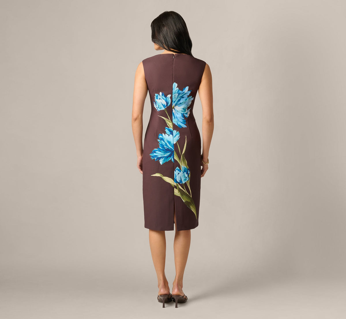 Asymmetrical Floral Printed Stretch Crepe Midi Dress - Brown Multi | Adrianna Papell